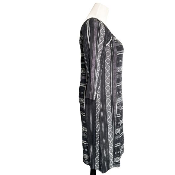 Wrap London NEW Linen Blend Square Neck Striped Argyle Shift Dress Black US 2 - Picture 3 of 12